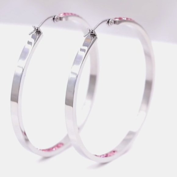 Pink Rhinestone Silver Hoop Earrings Crystal Channel Hoops Sparkling Rhinestones - Picture 6 of 14